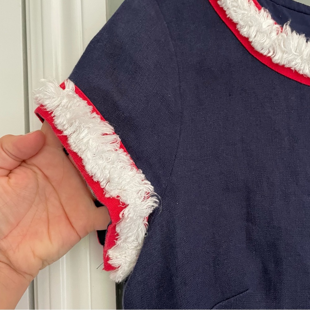 Sail to Sable 100% Linen Navy Blue Red White Fringe Trim Mini Shift Dress 4 - Picture 4 of 13